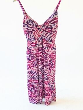 Abstract Pink Purple Zebra Print V-Neck Boho Maxi Dress W Built In Cups Size L